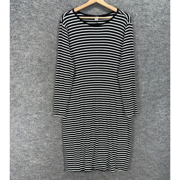 Old Navy Dress Women XL Black Striped Shift Midi Long Sleeve Rayon Round Neck - Picture 1 of 7